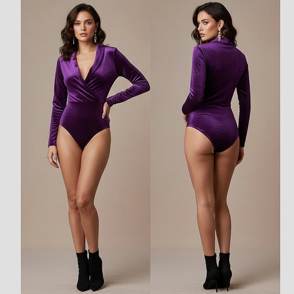 HOUSE OF HARLOW 1960 Purple Velvet Surplice Long Sleeve Stunning Bodysuit - Picture 2 of 8